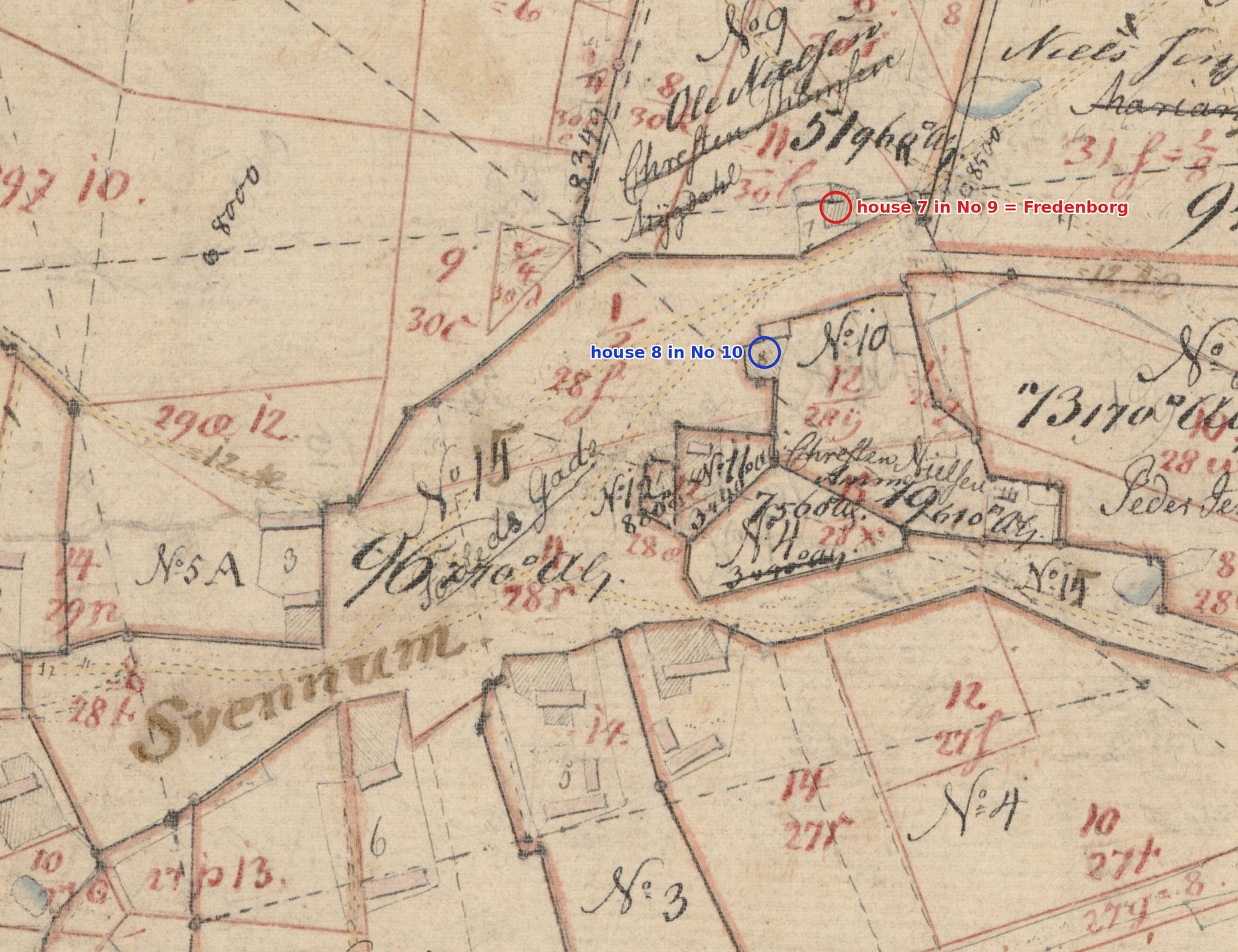 Original 1 cadastral map, Jerslev By sheet 2, 1813, Svennum village with plots No 9 and No 10 marked