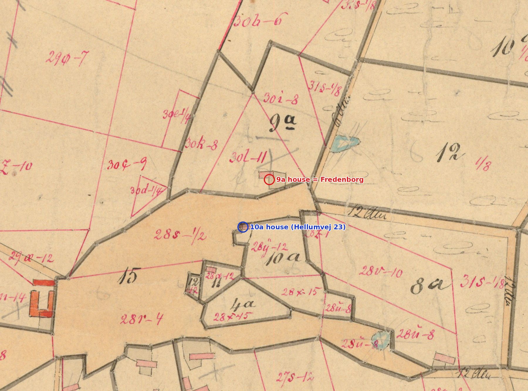 Original 2 cadastral map of Svennum Bys Jorder, redrawn 1884, with plots 9a and 10a marked