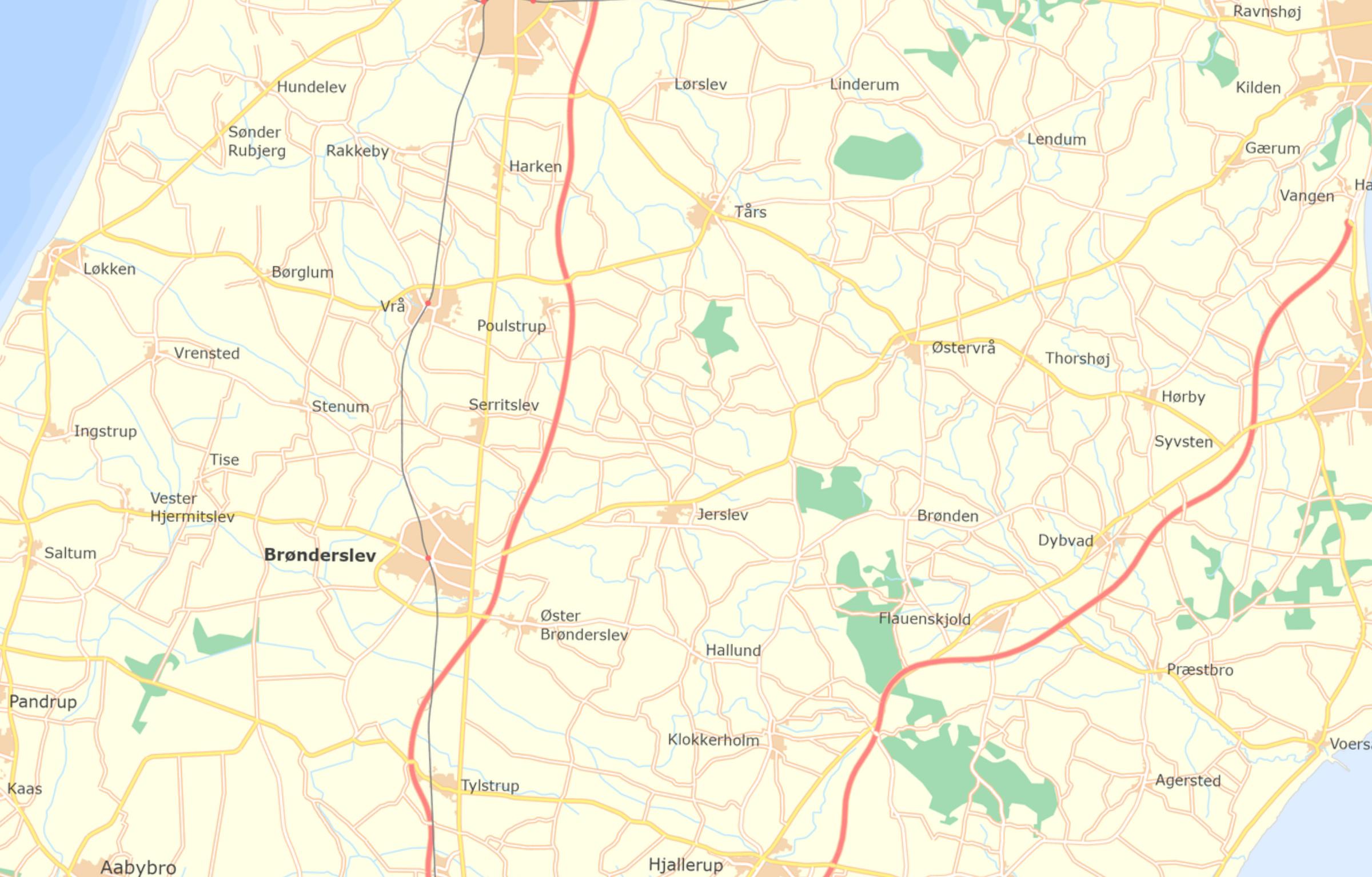Topographic map of central Vendsyssel from Vrensted in the west to Volstrup in the east
