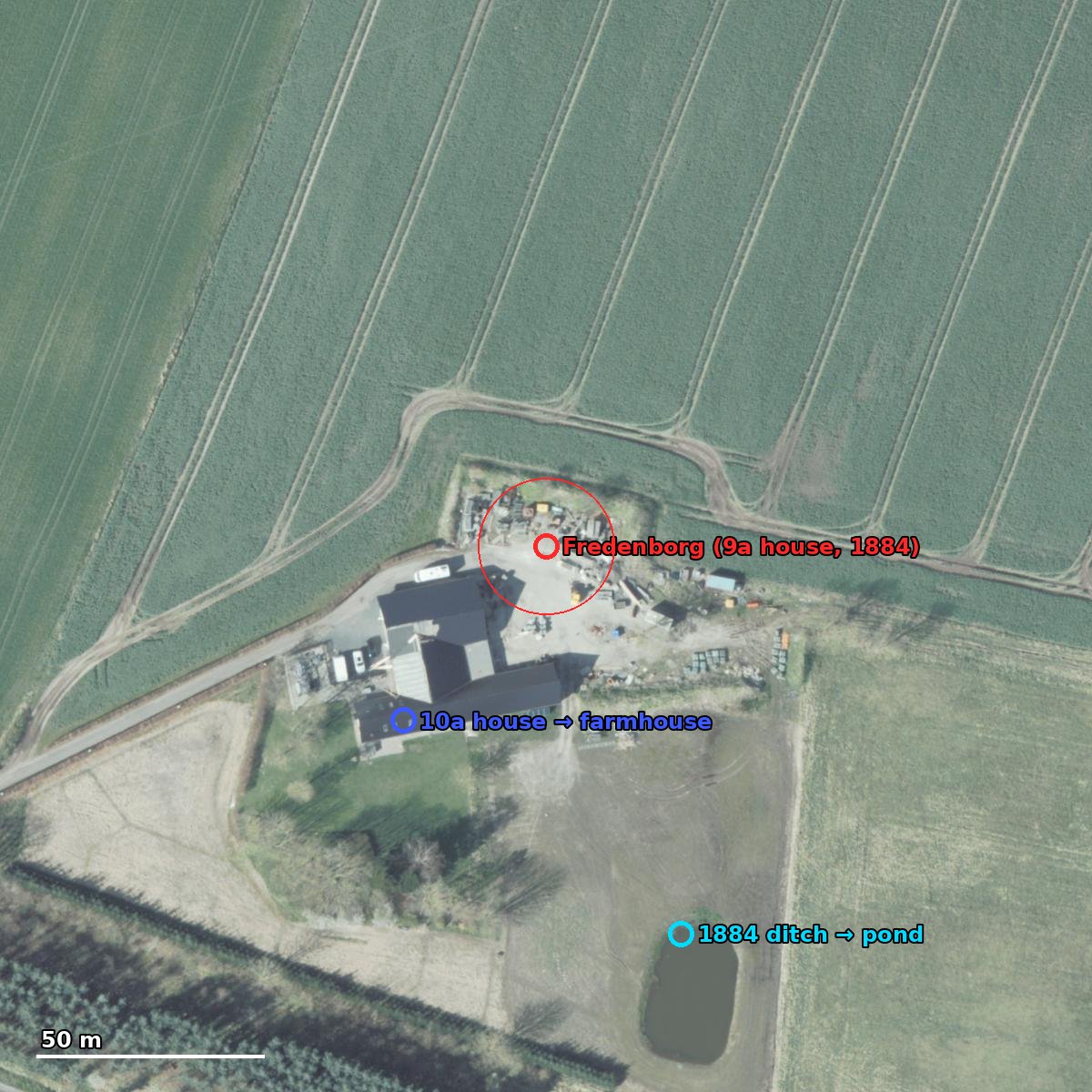 Current spring orthophoto with the pinned Fredenborg site and a 50 m ring